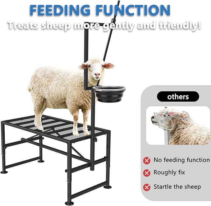 600 LBs Goat Stand with Feed Bin, Goat Milking Stand for Sheep Trimming and Milking, Hoof Trimming Stand Adjustable Size, with Feeder, Iron Black