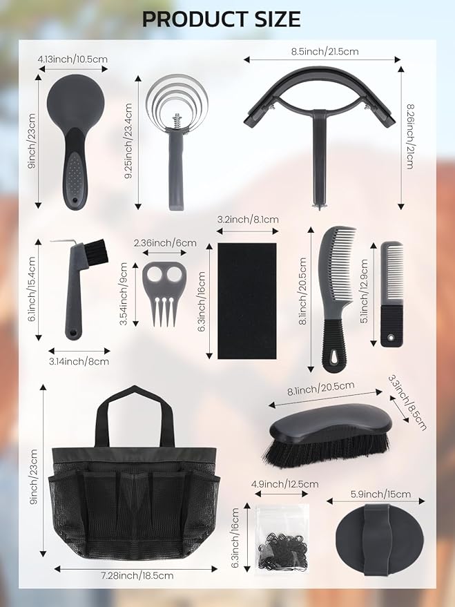 Horse Grooming Kit 12 Pcs – Complete Horse Brushes & Care Supplies Set with Organizer Tote Bag, Equine Coat Grooming Tools, Tack Room Equipment & Gifts for Horse Owners & Lovers
