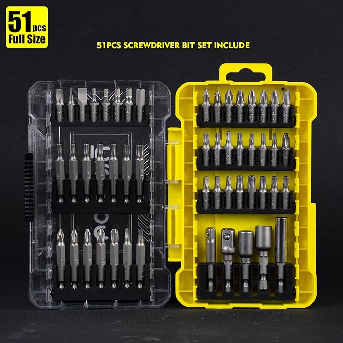 Screwdriver Bit Set, 51-Piece Impact Driver Bit Set with Phillips/Slotted/Torx/Hex/Square Bits, 1/4" & 3/8" Socket Adapter, Magnetic Nut Drivers, S2 Alloy Steel for Impact Driver
