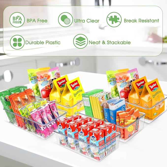 6 Pack Food Storage Organizer Bins Clear Plastic Removable Snack Organizer Pantry Organization Storage Racks with 3 Dividers, Kitchen, Cabinets Snacks, Packets, Spices, Pouches Stackable Bins