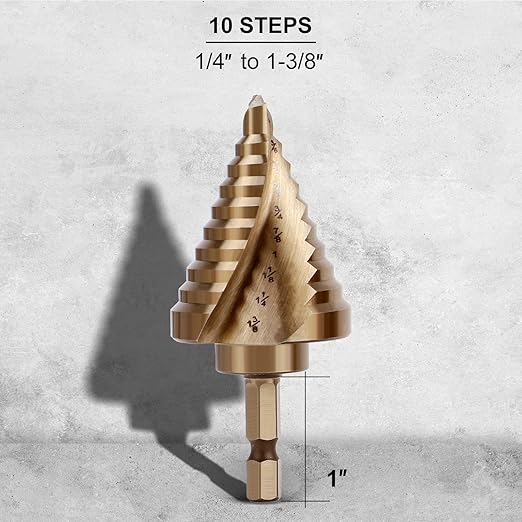 COMOWARE 10 Sizes M35 Cobalt Step Drill Bit, 1/4" to 1-3/8", Two-Spiral Flute Step Bit for Metal, Stainless Steel, Wood & Plastic, with 1/4" Hex Shank