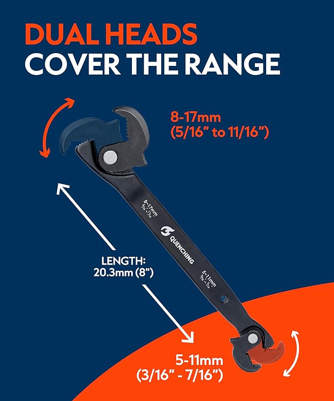 Self-Adjusting Dual Head Crowfoot Wrench, 3/16” -11/16”, 5-17mm, 8" length, Multi-Size Fit, Quick Adjust Tool for Home Auto Bike Repair, Slim Profile, Crowfoot Wrench Set Alternative