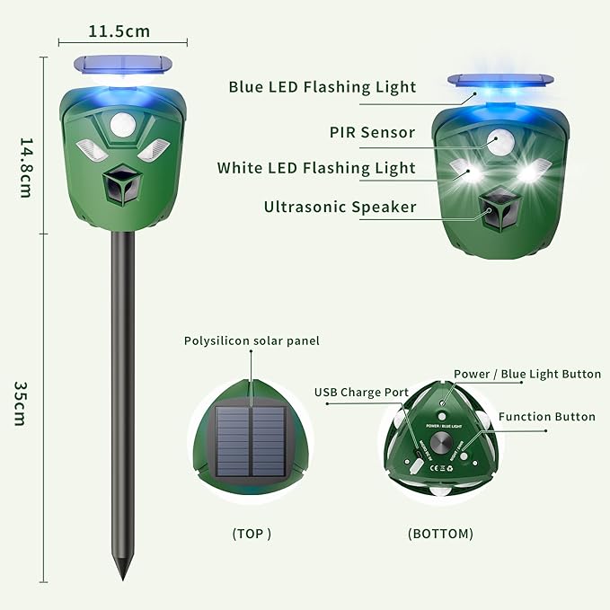 Solar Ultrasonic Animal Repeller Outdoor, 360° All Round Cat Deterrent Outdoor with 6 Flashing Lights and 3 PIR Sensors, Deer Repellent for Repelling Sankes, Raccoons, Cats, Dogs