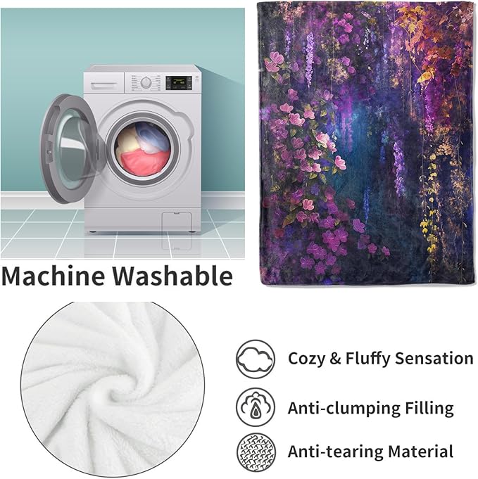 Floral Blanket, 60"x80" Purple Flowers Floral Flannel Fleece Throw for Kids & Adults, Ultra-Soft and Warm Home Decor Blanket, Women Floral Gifts