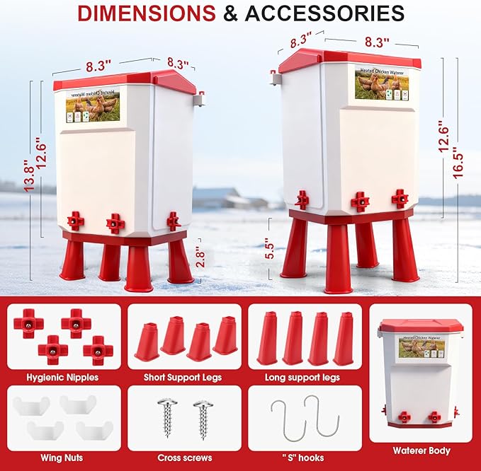 Heated Chicken Waterer Chicken Water with Heater for Winter with 4 Horizontal Nipples and Detachable Legs,3 Adjustable Heights,Poultry Drinker for Chicks, Ducks and Quail Polypropylene 3 Gallon