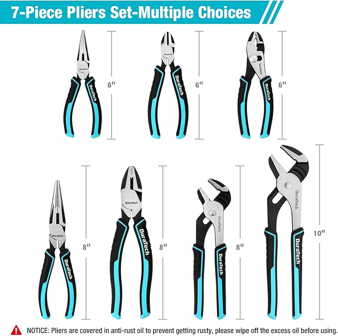 DURATECH 7-Piece Pliers Set with Rolling Pouch, Premium Cr-Ni Construction (10", 8" Groove Joint Pliers, 8", 6" Long Needle Nose, 8" Linesman, 6" Slip Joint, 6" Diagonal) for Basic Repair
