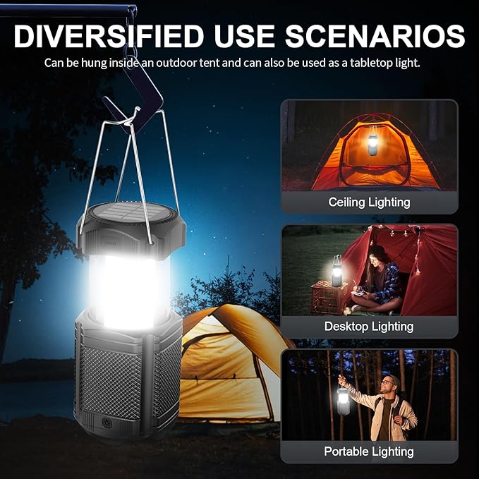 2 Pack Camping Lantern 5000mAh Solar Hand Crank Telescopic LED Flashlight USB Charger for Power Outages ,Portable Rechargeable Battery Powered Operated Lanterns Lamp, Camping Gear Accessories