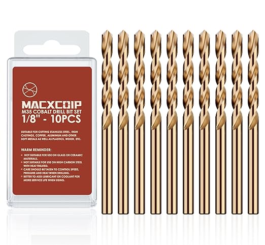 1/8" (10pcs) Cobalt Drill Bit Set, M35 High Speed Steel Jobber Length Drill Bit Kit for Hardened Metal, Stainless Steel, Cast Iron, Wood and Plastic, with Index Storage Case