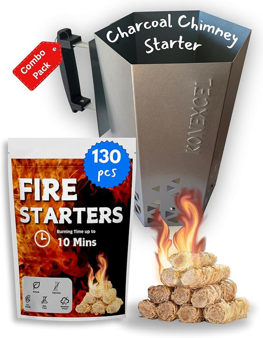 Charcoal Chimney Starter XL & Fire Starter set, Heavy Duty xl Charcoal Starter for charcoal grill (XXL Size) & Natural Wooden Fire starters for campfires (130 PCS); use for charcoal grill, BBQ.