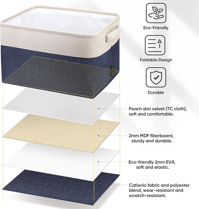 BALEINE 3 Pack Fabric Storage Bins for Shelves, Linen Storage Baskets for Organizing, Decorative Closet Bins for Clothes, Home (Navy Blue, 12"x8"x8")