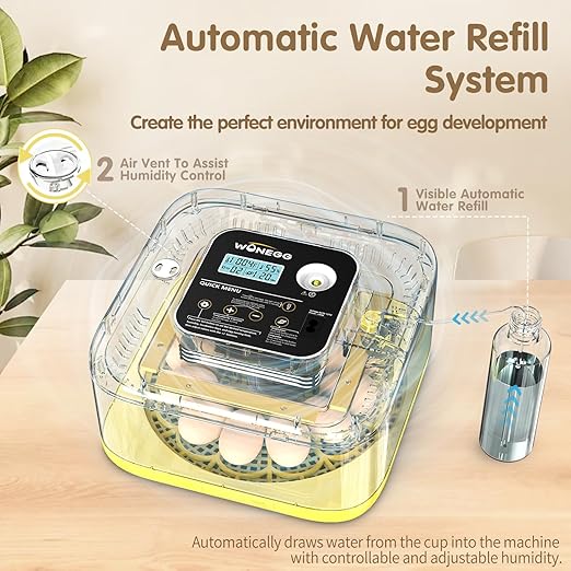 12 Egg Incubator with Automatic Turning, Temperature and Humidity Control, LED Egg Candler, and Auto Water Addition, for Hatching Chicken, Goose, Duck, Quail, Pigeon, and Turkey Eggs