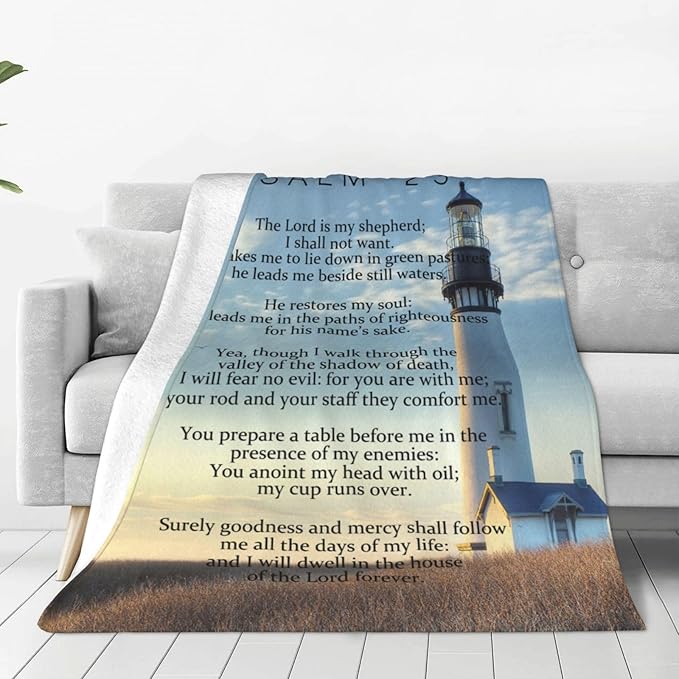 Psalm 23 Blanket Christian Lighthouse Gifts Religious Bible Verse Scripture Throw Blanket Comfy Plush Flannel Fleece Warm Soft Fluffy Fuzzy Blanket for Prayer Women Teens for Bed Sofa Couch 40"X50"