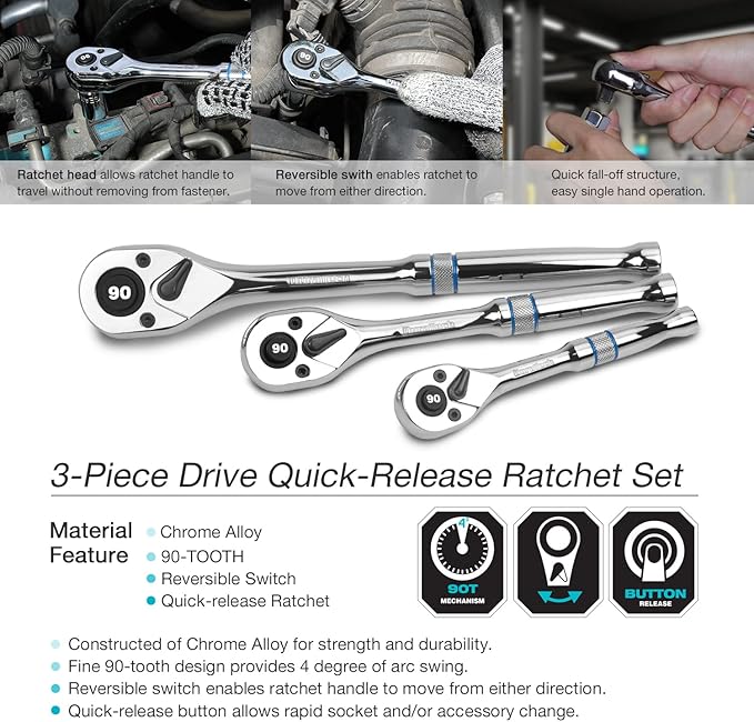 DURATECH 3-Piece Drive Ratchet, 1/4", 3/8", 1/2" 90-Tooth Quick-release Ratchet Wrench, Reversible, Chrome Alloy Made, Full Polished, Mens Stocking Stuffers Gifts for Men Gifts for Women Gifts for Dad