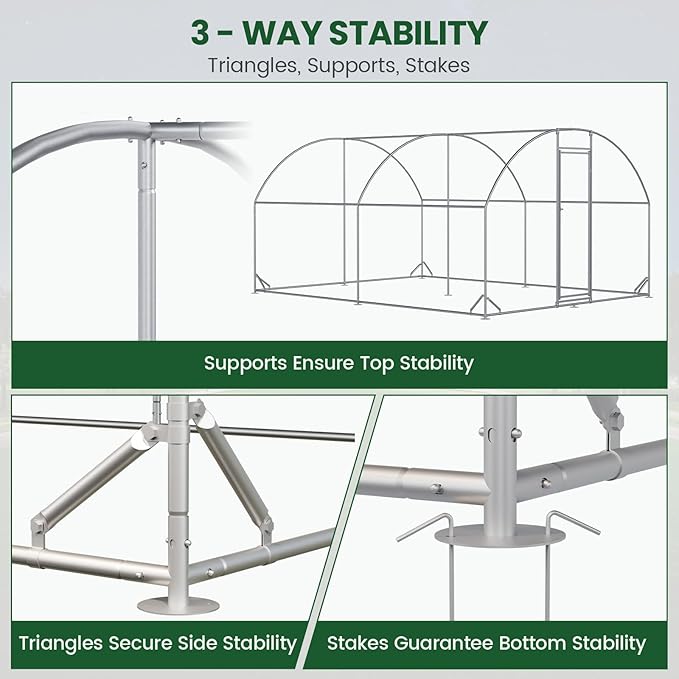 Chicken Coop Large Metal Chicken Run with Full-Top Waterproof Cover - Chicken House for 16/20 Chickens, Poultry Cage with Solar Light, Backside Poles, Walk-in Pen for Rabbits Ducks Yard 2 Room