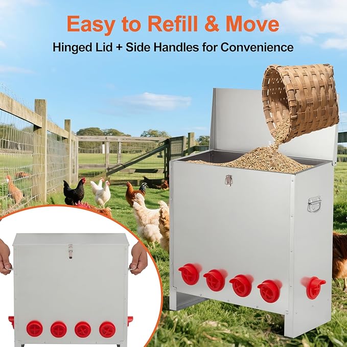 Large Automatic Chicken Feeder 85-120lbs, Galvanized Metal Chicken Food Dispenser, Rainproof & Rodent Proof No Waste Poultry Feeder for Backyard Coop, Farm, Ducks & Hens (6 Ports)