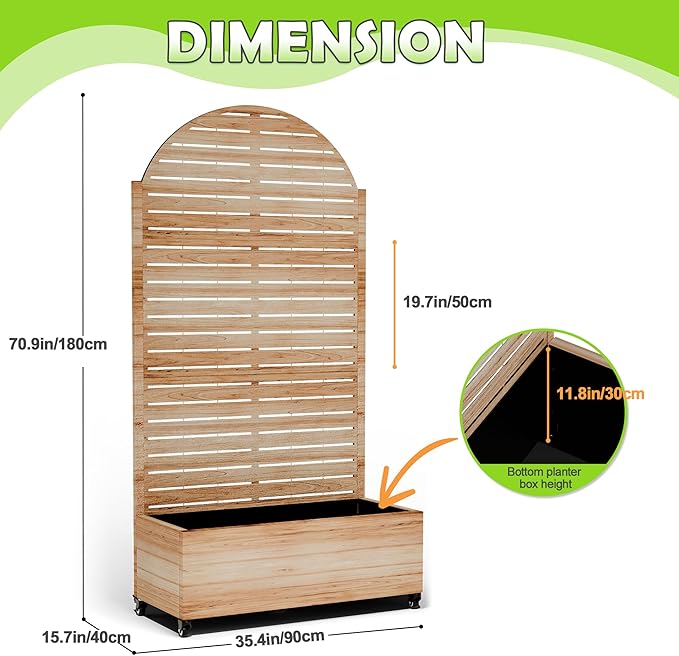 15.7"×70.9"×35.4" Metal Raised Garden Bed with Trellis and Wheels - Tall Trellis Planter Box for Climbing Plants, Vegetables & Vines - Outdoor Privacy Planters for Patio (Acacia Wood Grain-Louvered)