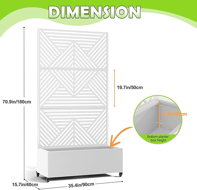 15.7"×70.9"×35.4" Metal Raised Garden Bed with Trellis and Wheels - Tall Trellis Planter Box for Climbing Plants, Vegetables & Vines - Outdoor Privacy Planters for Patio (White-Zodiac)