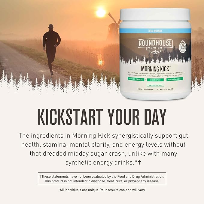 ROUNDHOUSE PROVISION Morning Kick by Chuck Norris - Watermelon Mint Flavor - Greens Superfood Powder with Probiotics, Collagen Peptides & Ashwagandha to Help Support Gut & Joint Health, 3 Pack