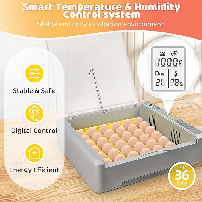 36 Eggs Incubator for Hatching Chicks with Automatic Turner Temperature & Humidity Control, Multifunctional Ultra-Clear Panoramic View with Hatch Days & Egg Candler for Chicken, Duck, Goose, Bird