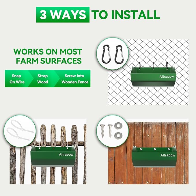 4.5 Quart Hanging Goat Feeder [Material of Metal] with Clips and Nylon Tie Wraps, Fence Feeder [Sturdy and Durable] for Goat, Pig and Dog, Green, 2 Pack