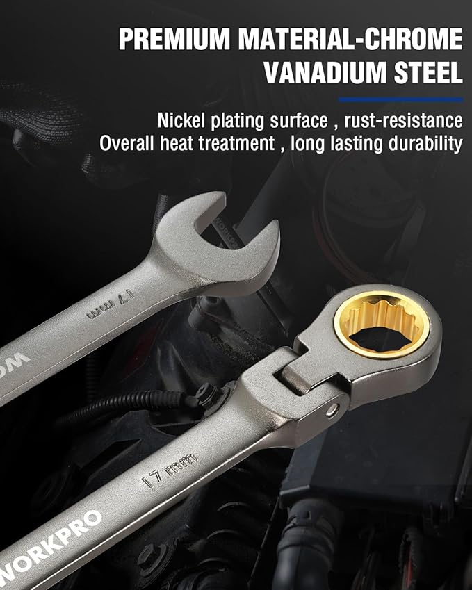 WORKPRO 17 mm Flex-Head Ratcheting Combination Wrench, Cr-V Constructed, Nickel Plating, 72-Teeth, 12 Point Design, Metric