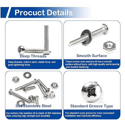 370Pcs #6-32 Pan Head Machine Screws Nuts Washers Assortment Kit, 3/16 to 1 inch Long Machine Screws, 304 Stainless Steel Screws Assorted Kit for Household Repairs, UNC Full Thread, Phillips Drive