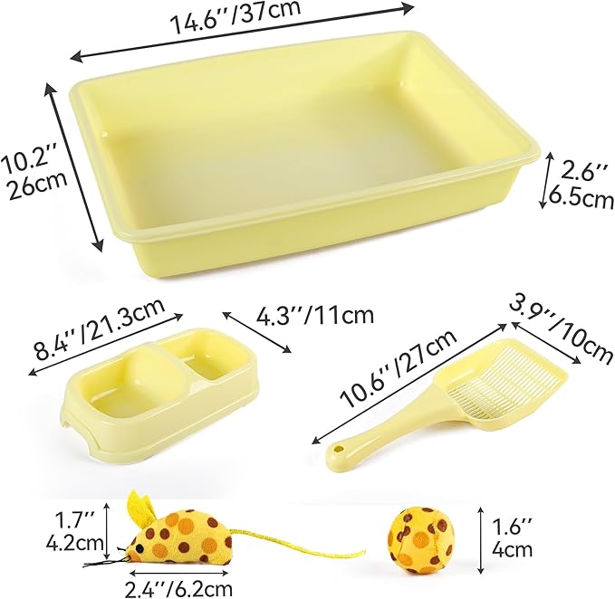 Pawise Cat Starter Kit Includes 4PCS Kitty Supplies, Great for Small Kitties, 14.5x10.5 Inch (Yellow)