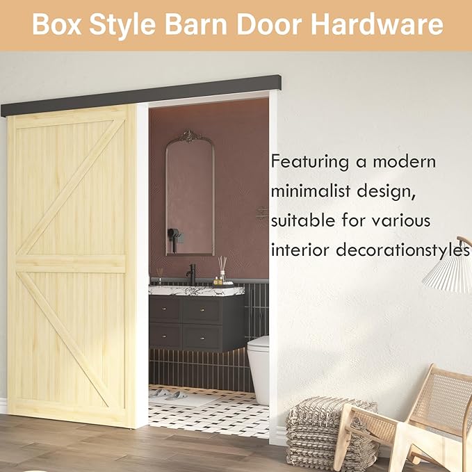 8FT Sliding Barn Door Hardware, Low Clearance Aluminium Alloy Box Rail Hardware for Wooden Barn Door, Interior Barn Door Track, Easy to Install, Black