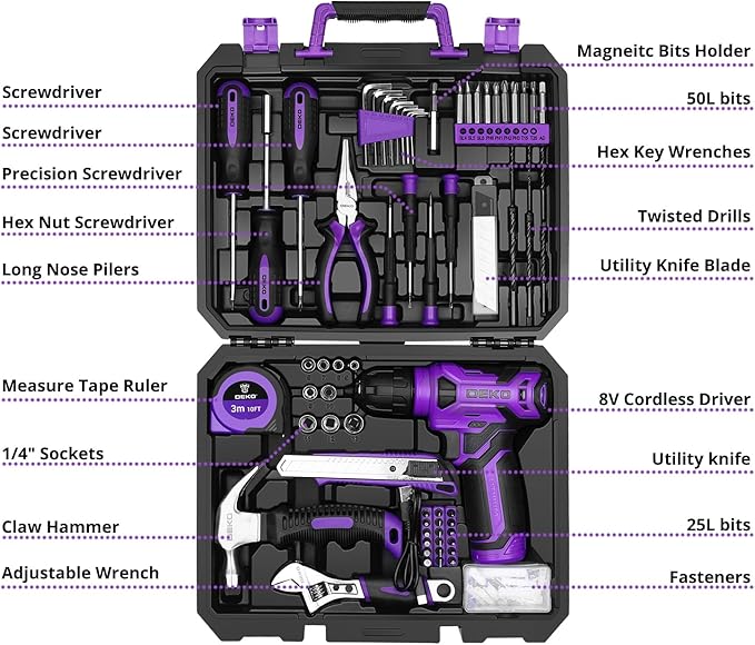 Tool Set: Tool Kit with 8V Cordless Drill, Hand Toolbox with storage case, Tool set for Home Repairs 126 Piece, Purple