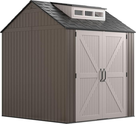 Rubbermaid Large Resin Outdoor Storage Shed With Floor (7 x 7 Ft.), Weather Resistant, Brown, Organization for Home/Lawn Mower/Backyard Equipment/Bike Storage/Pool Supplies