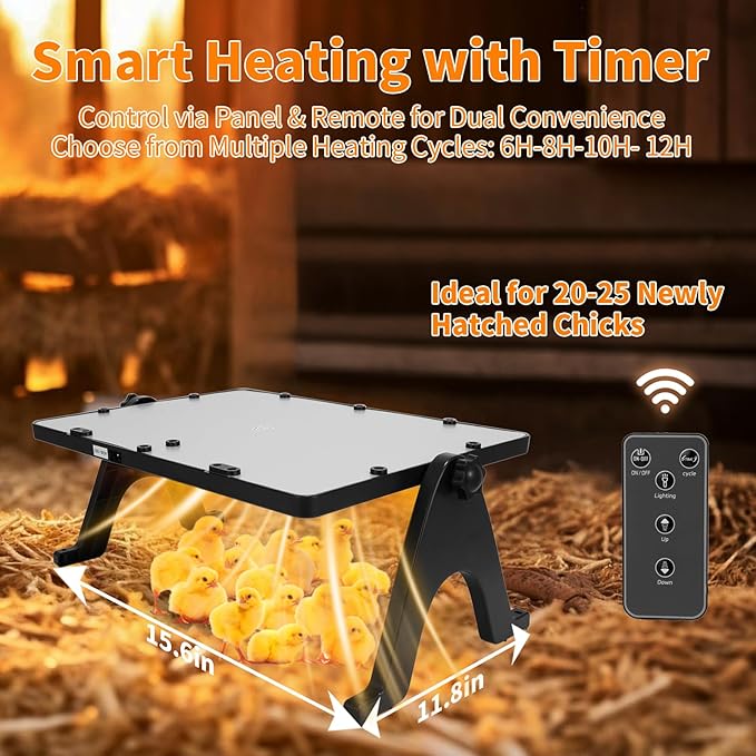 Chicken Coop Heater for Winter, 180W Smart Radiant Heat Panel with Adjustable Temperature & Timer, Remote Control Options, Waterproof Coop Warmer for Chicks & Small Pets-Black