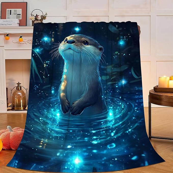 Otter Blanket, Sea Otter Throw Blanket, Teal Gifts Blankets Stuff Fleece Flannel Plush for Girls Women Men Boys Lovers Adults Soft Bedding Gift for Sofa Bed Office Home Decor 80"x60"