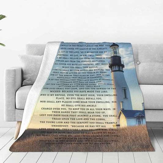 Psalm 91 Blanket Christian Lighthouse Gifts Religious Bible Verse Scripture Throw Blanket Comfy Plush Flannel Fleece Warm Soft Fluffy Fuzzy Blanket for Prayer Women Teens for Bed Sofa Couch 60"X80"