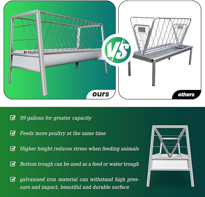 99 Gallon Pasture Hay Feeder, 2 in 1 Galvanised Steel Goat Hay Feeder with Deeper Feeding Pan for Goat Sheep Horse, Detachable Livestock Feeder Ease of Assembly in Farm Outdoor, Silver