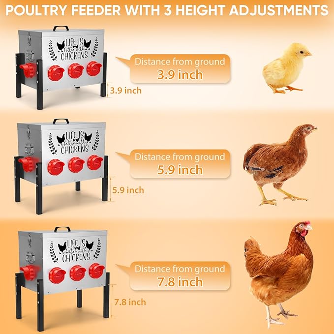 TGEYD 50LB Large Automatic Chicken Feeder – 8 Feeding Ports, No-Waste Poultry Feeder, with Adjustable Legs & Locking Lid