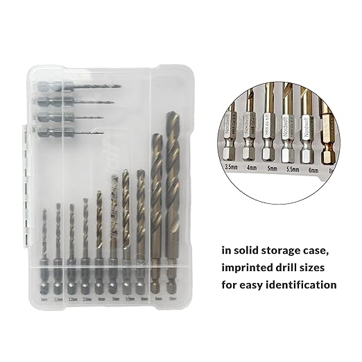 NordWolf 14-Piece Metric Cobalt Drill Bit Set for Stainless Steel & Hard Metals, with 1/4" Hex Shank for Quick Chucks & Impact Drivers, Sizes 1.5mm to 10.0mm in Storage Case
