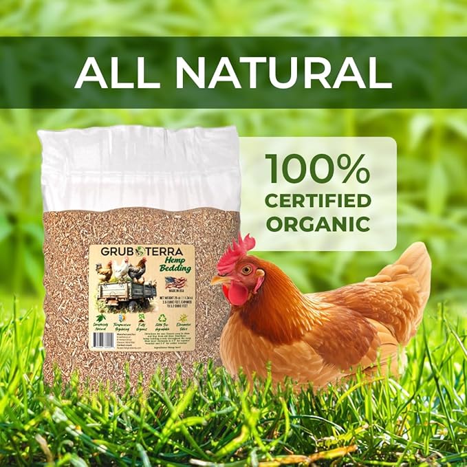 GrubTerra Ultra Premium Hemp Bedding for Chicken Coop Heater 3.2 Cu Ft - Litter Nesting Box Pads, Hamster, Mice, Guinea Pig, Absorbent, Dust-Free, Suitable for Poultry and Small Pets, 100% Natural