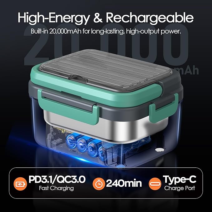 Cordless Electric Lunch Box, Odopok 6.3 Cup 100W Heated Lunch Box with 20000mAH Battery Powered for Self Heating, Including Fork Spoon and Insulated Bag for Men Women Adults, BPA Free(Grey+Lake Green)