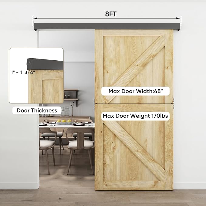JUBEST 8FT Barn Door Sliding Hardware Track Kit, Aluminium Alloy Box Rail Hardware for Classic Modern Interior Single Wooden Door,Low Clearance,Black