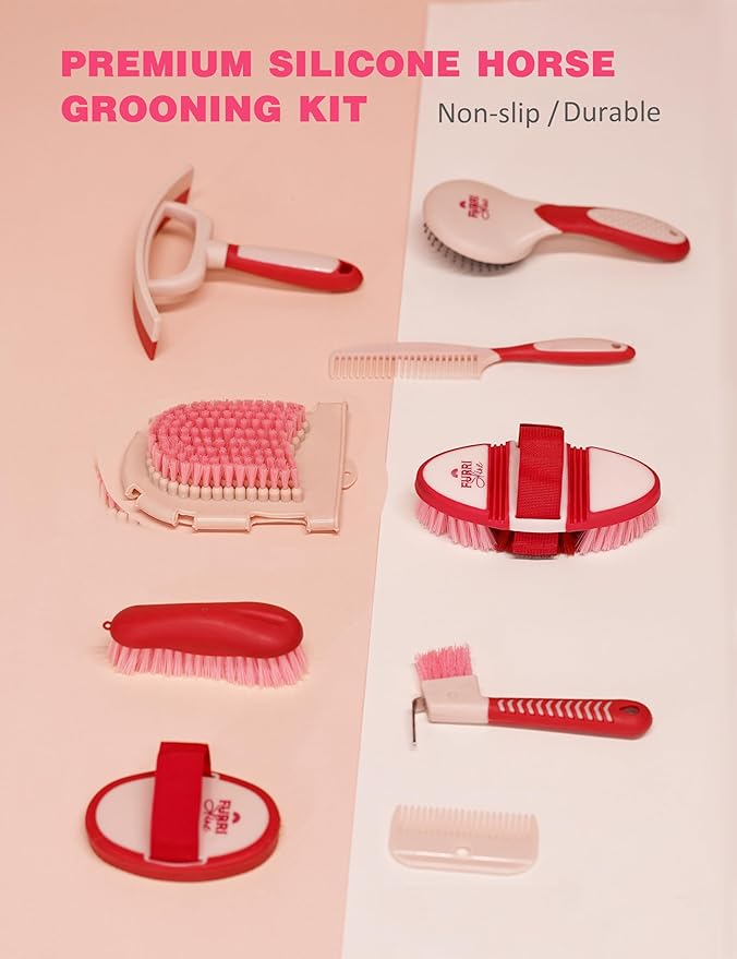 11PCS Horse Grooming Kit Curry Comb Sweat Scraper Horse Bathing Supplies Grooming Tools with Storage Bag Pink Garnet