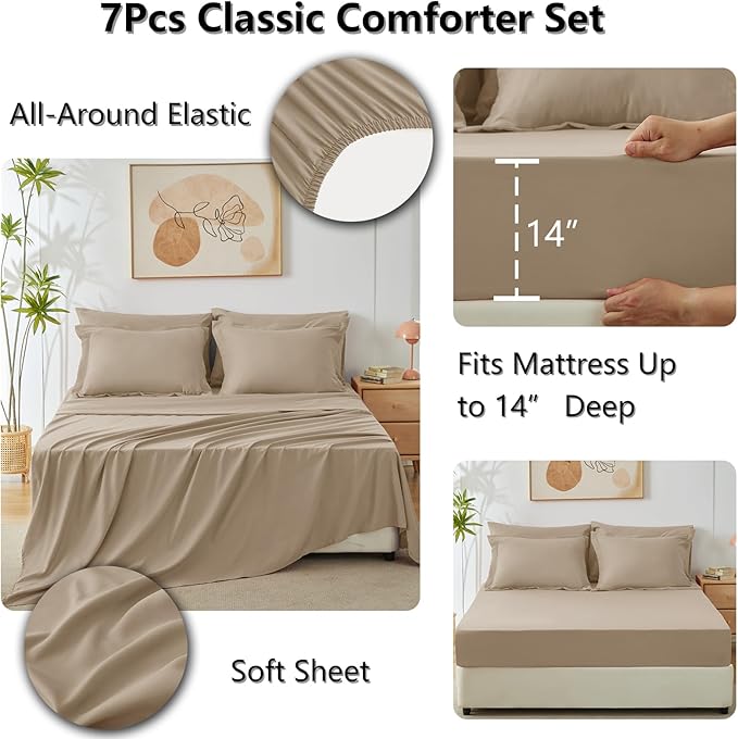CozyLux Full Size Comforter Sets Taupe - 7 Pieces Bed in a Bag Full, Luxury Soft Bed Set for All Seasons, Bedding Set with Down Alternative Comforter, Sheets, Pillowcases & Shams