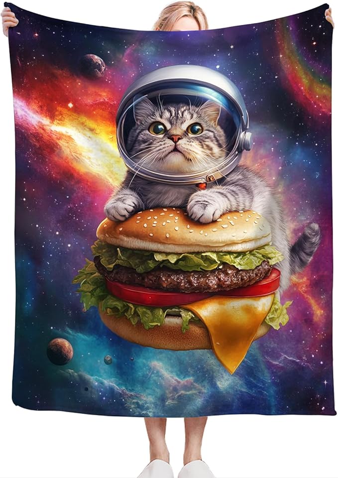 Funny Cat Decor Gifts - Flannel Fleece Fuzzy Cat Throw Blanket, Soft Warm Cozy Plush Food Blanket for Bed Couch Living Room, Stuffed Decoration for Kids Adult, 60"x50"