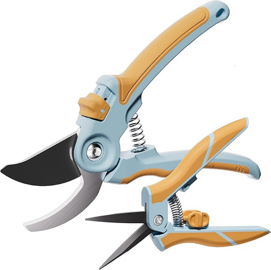 NEXON Garden Pruning Shears 2 Pack, 8" Bypass Hand Pruner & 6.25" Precision Garden Scissors, Professional Garden Clippers for Plants and Flowers