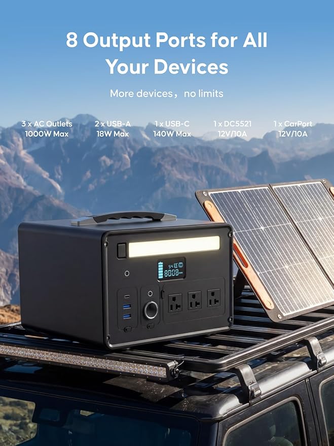 Portable Power Station 1000W (2000W Surge), 1008Wh LiFePO4 Power Station with 3 AC Outlet, 140W USB-C Fast Charging,8 Ports Solar Generator for Camping Indoor Outdoor Emergency RV (CYBPULTE C011)