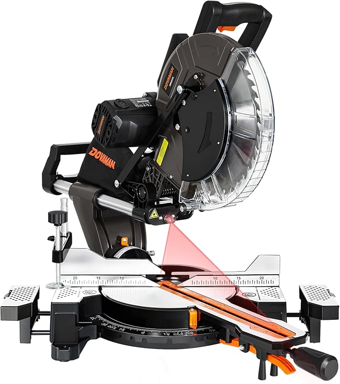 DOVAMAN 12-Inch Dual-Bevel Miter Saw, Compound Sliding Miter Saw, Ambidextrous Operation, 3800RPM, 4.2 x 13in Cutting Capacity, Laser Guide, 0-45° Bevel & Miter Cut, 9 Positive Stops, 15-Amp Corded