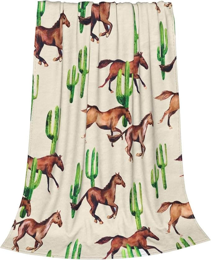 Horse Blanket Horses Throw Blanket Soft Fleece Flannel Bedding Horses Cactus Gifts for Men Boys Women Girls Lovers Adults Stuff Plush for Couch Sofa Bed Room Decor 60"X80"
