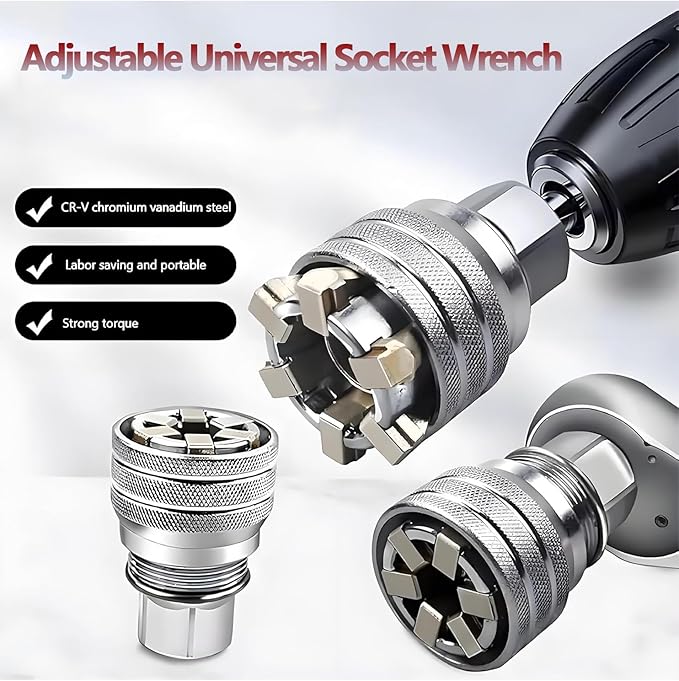 3pcs Adjustable Universal Socket Wrench Multifunction Drill Adapter Multi-Function ith3/8" to 3/4" 10mm-19mm Universal Maintenance Socket With 3/8" Drive Ratchet Torque Wrench & Power Drill