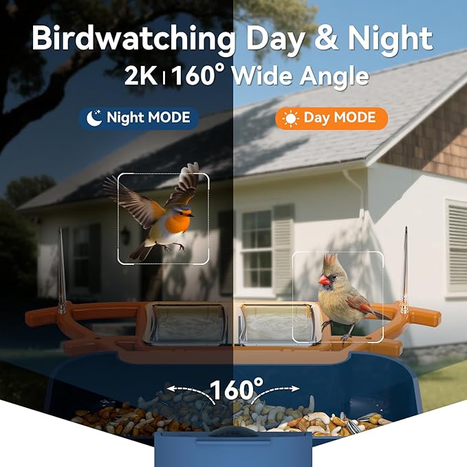 Dual-Lens Bird Feeder with Camera & Bird Bath Combo, Watch Birds Eat & Bathe with WiFi 2K HD Video, Auto Record, AI Recognition, APP Alerts, Solar Powered, for Backyard Garden Porch Fence Decor