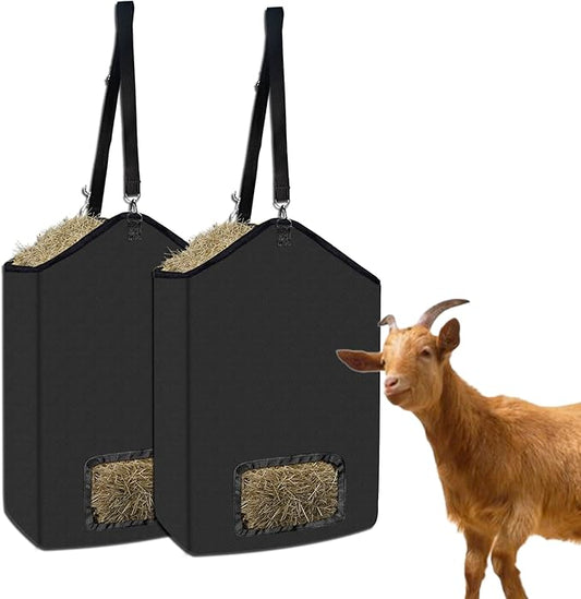 2-Pack Hanging Hay Feeder Bags, 19.7x17.7x6 Inch Slow Feed Hay Net for Horses, Goats, Cows, Alpacas, Durable Oxford Cloth with Metal Rings & Strap, Reduce Waste & Keep Feed Dry