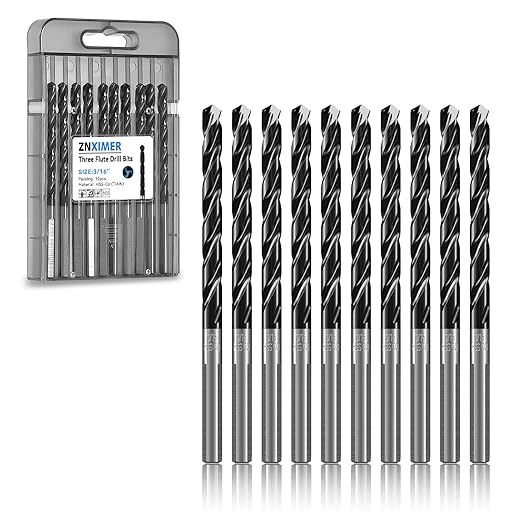3/16" Triple Spiral Flute Cobalt Drill Bit Set (Pro - TiAlN Coated), Metal Drill Bit Set for Steel, Hardened Metal, Stainless Steel, 10-Piece with Index Storage Case